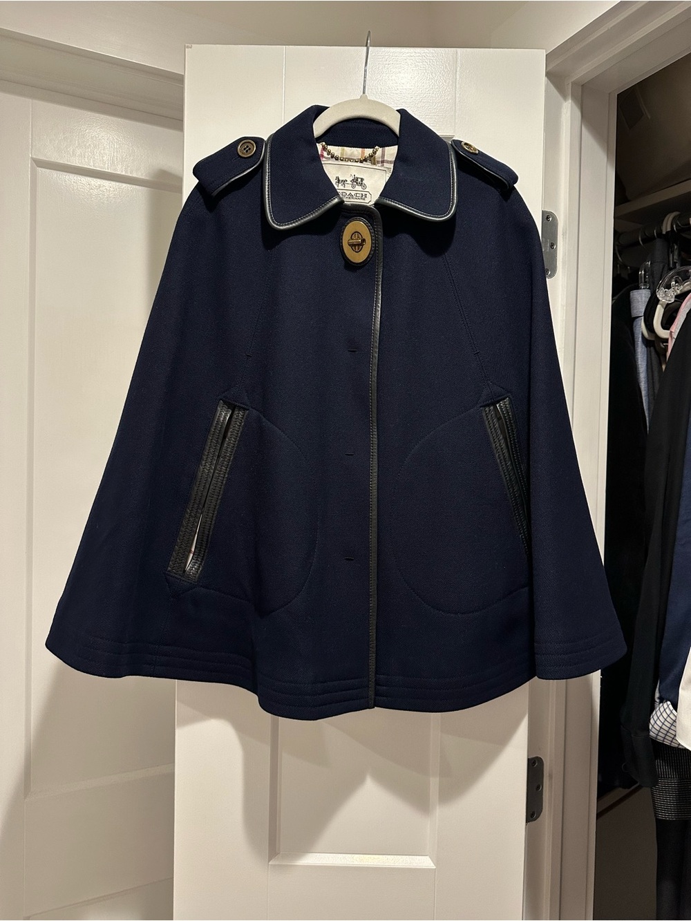 Coach Navy Blue Wool Cape Coat with Leather Trim